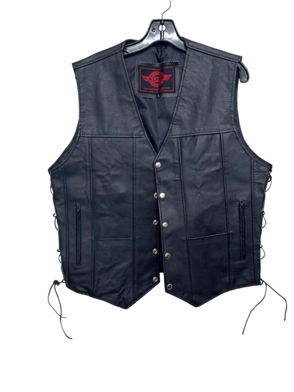 Alpha Cycle Gear Black Leather Motorcycle Vest Sz L